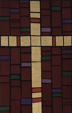 church banner depicting a cross made up of colored rectangles.